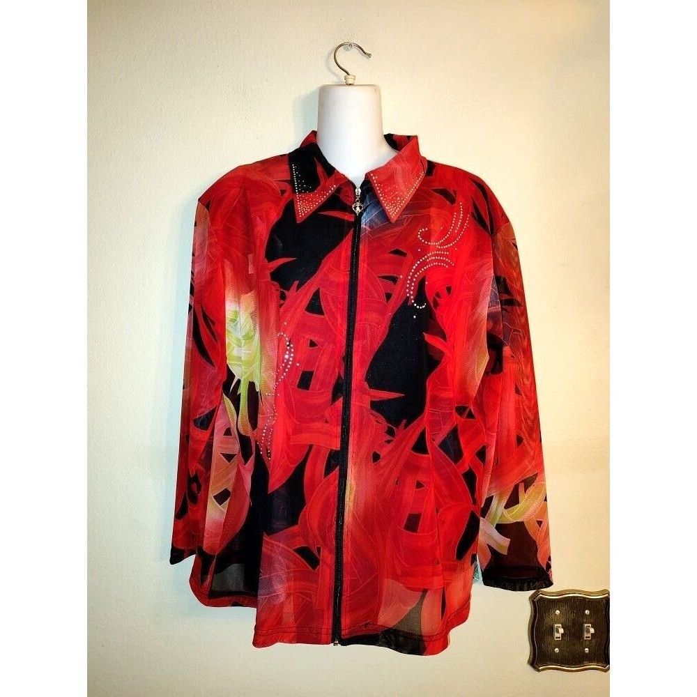 VALENTINA Women's Set 2 pcs Red Black Sheer Full Zip Jacket and Top Size L